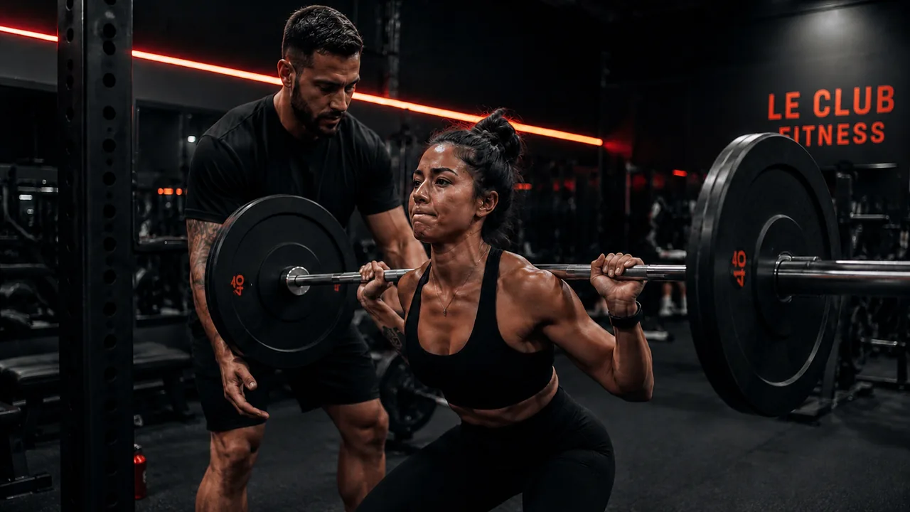 Entraîneur accompagnant une cliente pendant un squat avec barre chez Le Club Fitness à LaSalle, Montréal