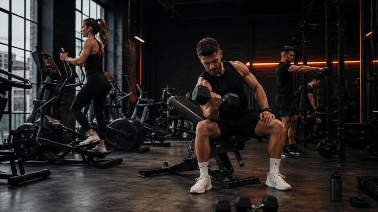 Membre s'entraînant seul sur le plateau chez Le Club Fitness à LaSalle, Montréal, dans une lumière industrielle chaleureuse