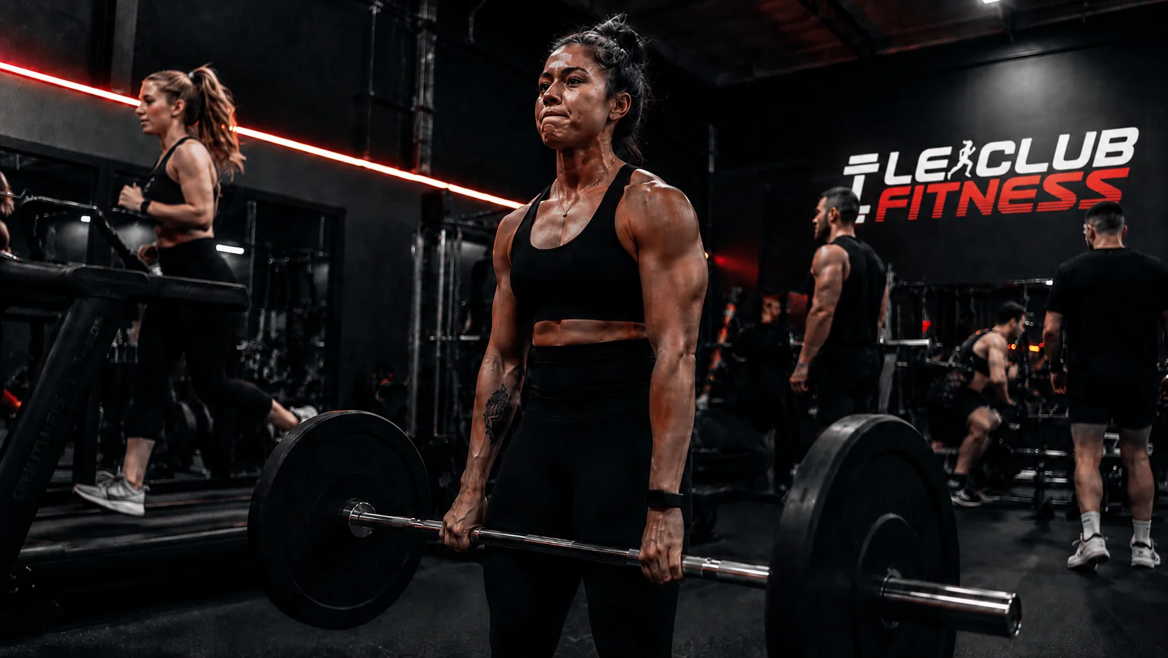 Femme effectuant un soulevé de terre sur le plateau du Club Fitness à LaSalle, Montréal, avec la signature du gym visible au mur