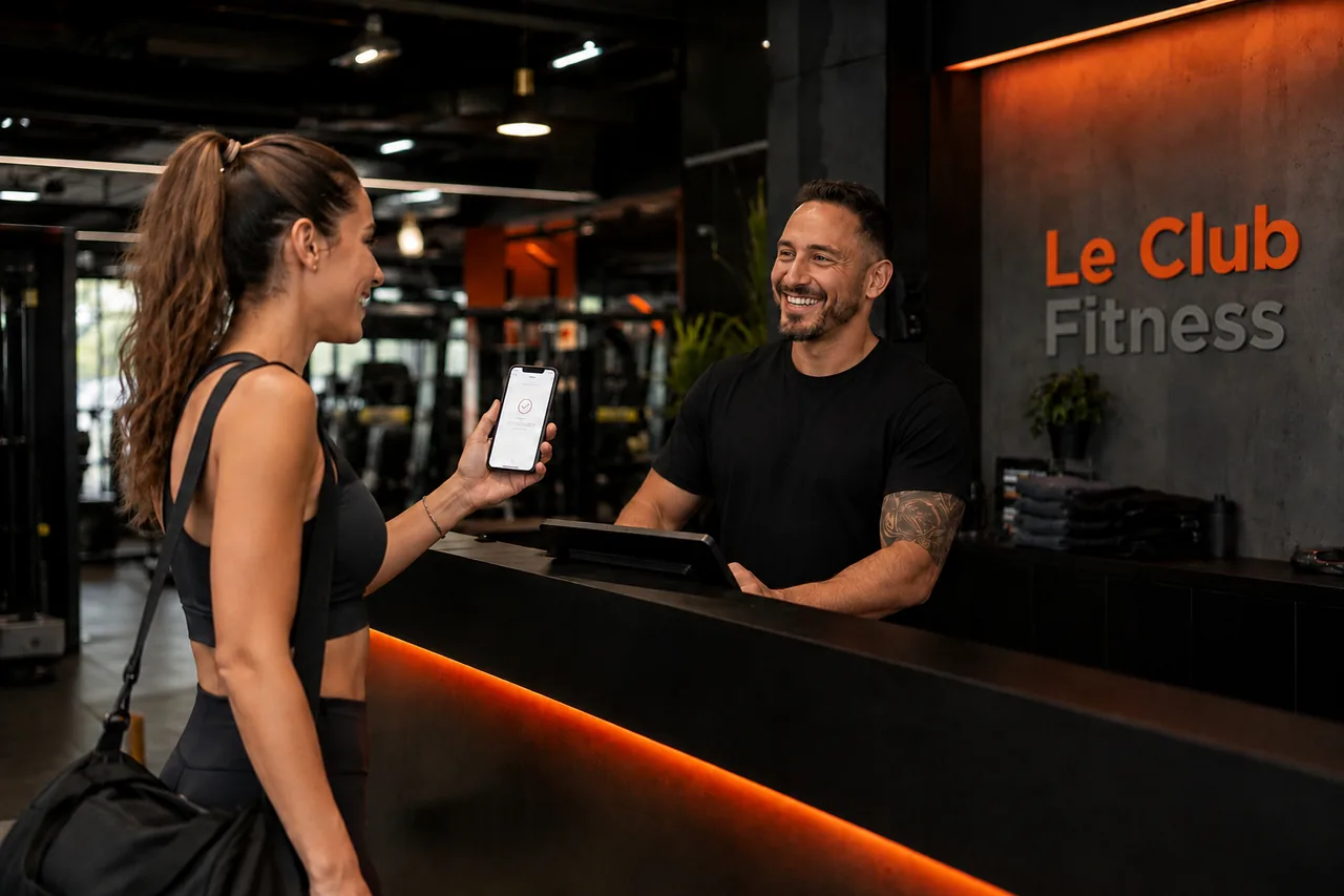 Membre montrant sa confirmation sur téléphone à la réception chez Le Club Fitness à LaSalle, Montréal